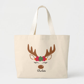 Floral Christmas Reindeer Personalisierter Name Jumbo Stoffbeutel