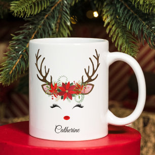 Floral Christmas Reindeer Personalisierter Name Jumbo-Tasse