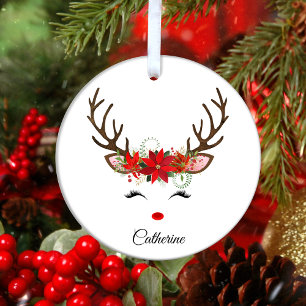 Floral Christmas Reindeer Personalisierter Name Ornament Aus Metall