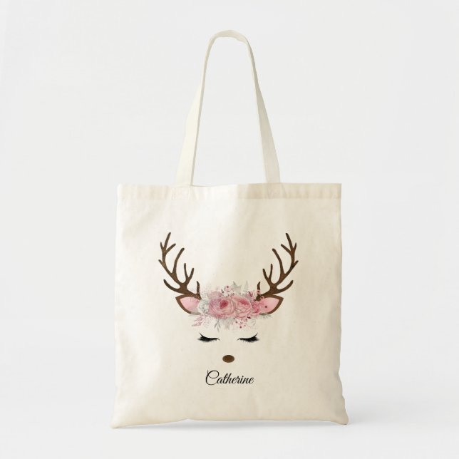 Floral Christmas Reindeer Personalisierter Name Tragetasche (Vorne)