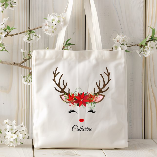 Floral Christmas Reindeer Personalisierter Name Tragetasche (Von Creator hochgeladen)