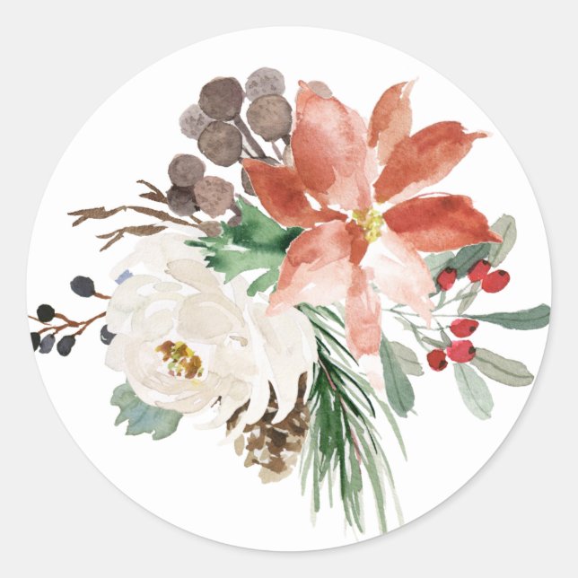 Floral Christmas Round Sticker (Vorderseite)