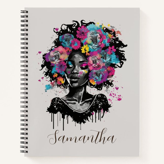 Floral Classy Afro Frau Notizbuch (Vorderseite)
