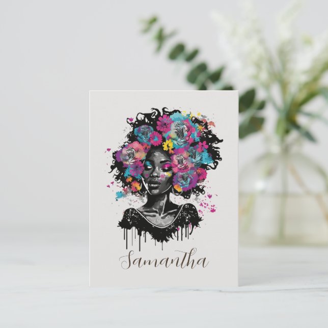 Floral Classy Afro Frau Postkarte (Stehend Vorderseite)
