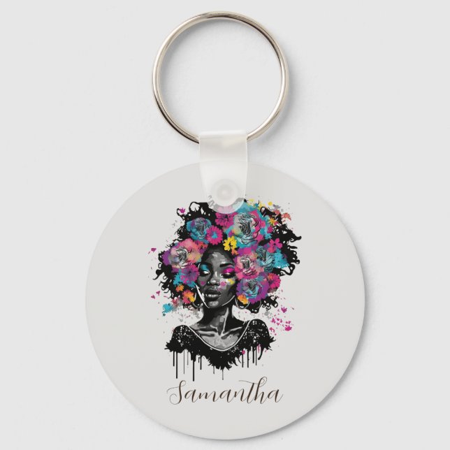 Floral Classy Afro Frau Schlüsselanhänger (Vorderseite)