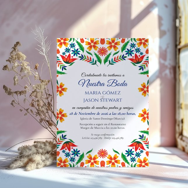 Floral Colorful Botanical Flowers Spanish Wedding Einladung (Floral Colorful Botanical Flowers Spanish Wedding Invitation)
