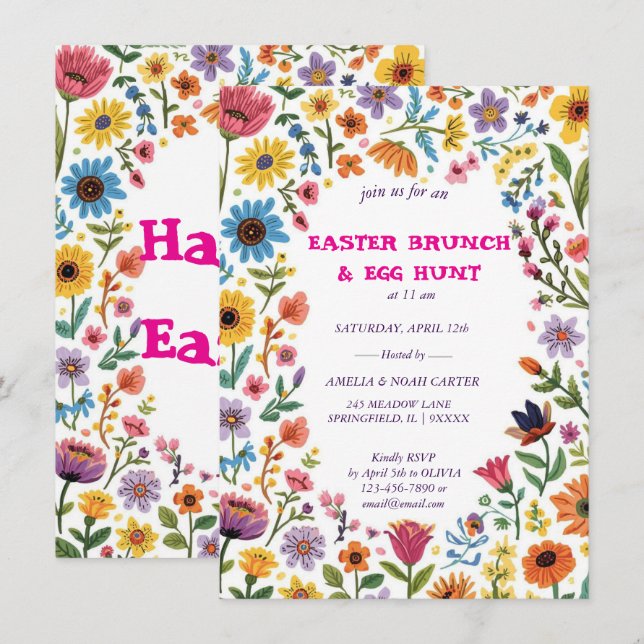 Floral Colorful Easter BRUNCH & HUNT Einladung (Vorne/Hinten)