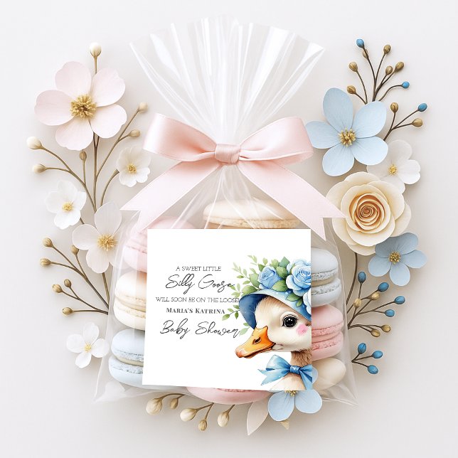 Floral Coquette Bow Silly Goose Boy baby shower Quadratischer Aufkleber (Von Creator hochgeladen)
