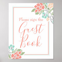 Floral Coral Aquamarin Brautparty Gästebuchsignatu