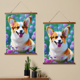 Floral Corgi Wandteppich Mit Holzrahmen