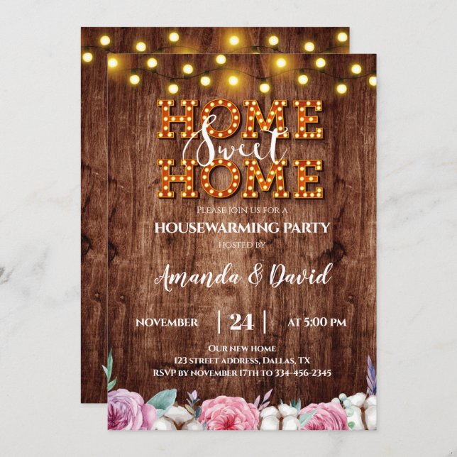 Floral Coton Rustic Housewarming Party Einladung (Vorne/Hinten)