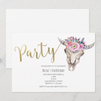 Floral Cow Skull Gold Boho Party Einladung
