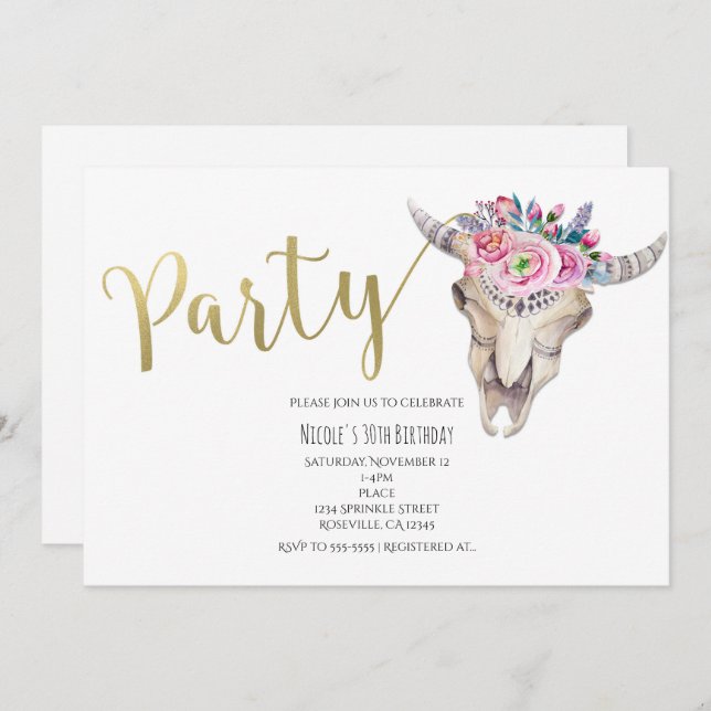 Floral Cow Skull Gold Boho Party Einladung (Vorne/Hinten)