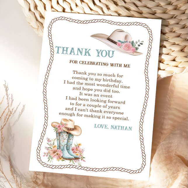 Floral Cowgirl Boots and Hat Birthday Dankeskarte (Von Creator hochgeladen)