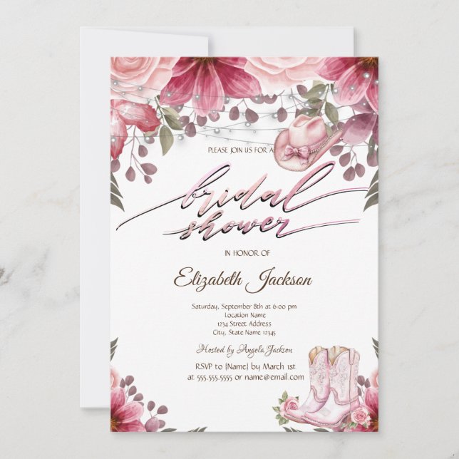 Floral Cowgirl Boots Hat Lights Bridal Shower  Einladung (Vorderseite)