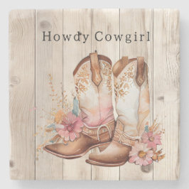 Floral Cowgirl Boots Ivory Faux Wood Personalized Steinuntersetzer