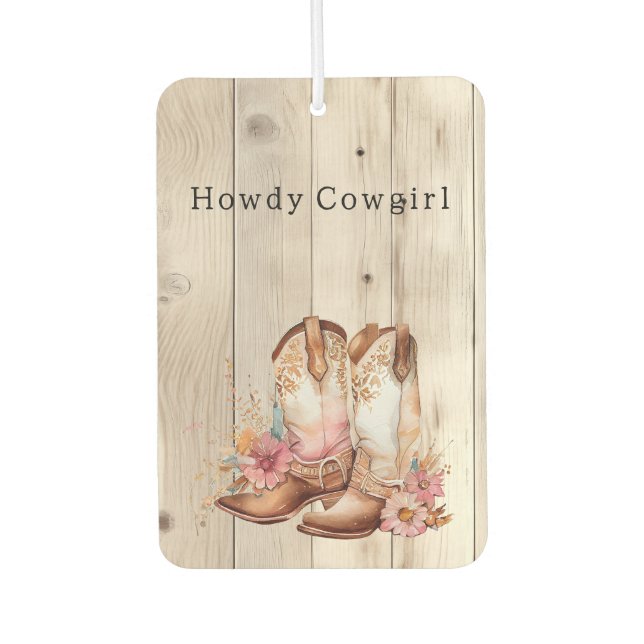 Floral Cowgirl Stiefel Elfenbeinkühe Imitate Holz  Autolufterfrischer (Vorderseite)