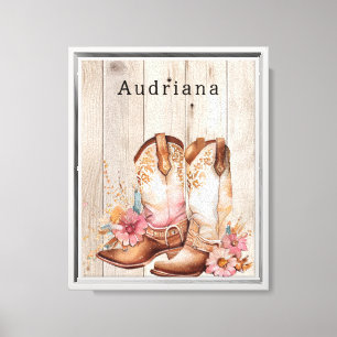 Floral Cowgirl Stiefel Elfenbeinkühe Imitate Holz  Leinwanddruck