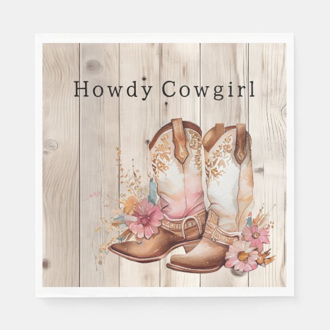 Floral Cowgirl Stiefel Elfenbeinkühe Imitate Holz  Serviette (Vorderseite)