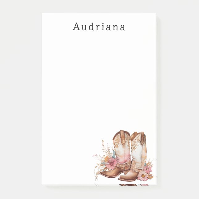 Floral Cowgirl Stiefel Personalisierter Name Post-it Klebezettel (Vorderseite)