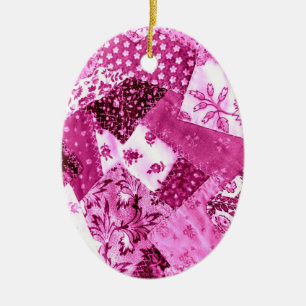Floral Crazy Quilt Patchwork White Pink Magenta Keramik Ornament