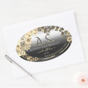 Floral Creme Silver Produktetiketten mit Monogramm Ovaler Aufkleber