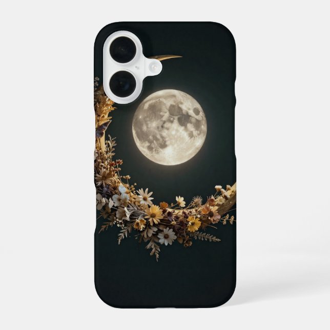 Floral Crescent Moon Celestial Case iPhone 16 Hülle (Rückseite)