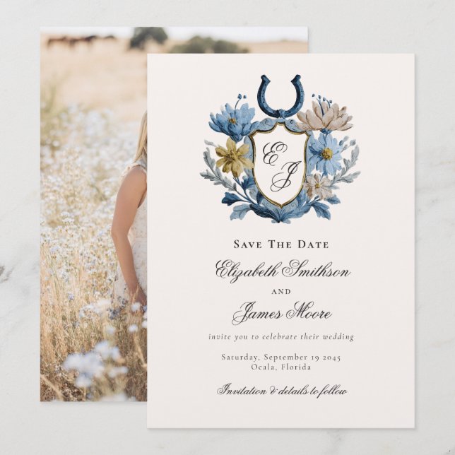 Floral Crest Equestrian Horseshoe Monogram Photo Save The Date (Vorne/Hinten)