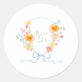 Floral Crest Monogram Blue Bow Spring Wedding Runder Aufkleber