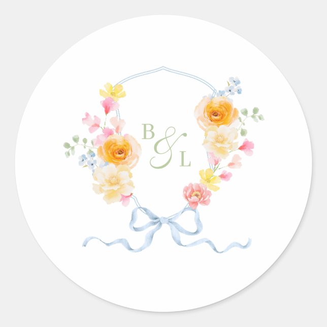 Floral Crest Monogram Blue Bow Spring Wedding Runder Aufkleber (Vorderseite)
