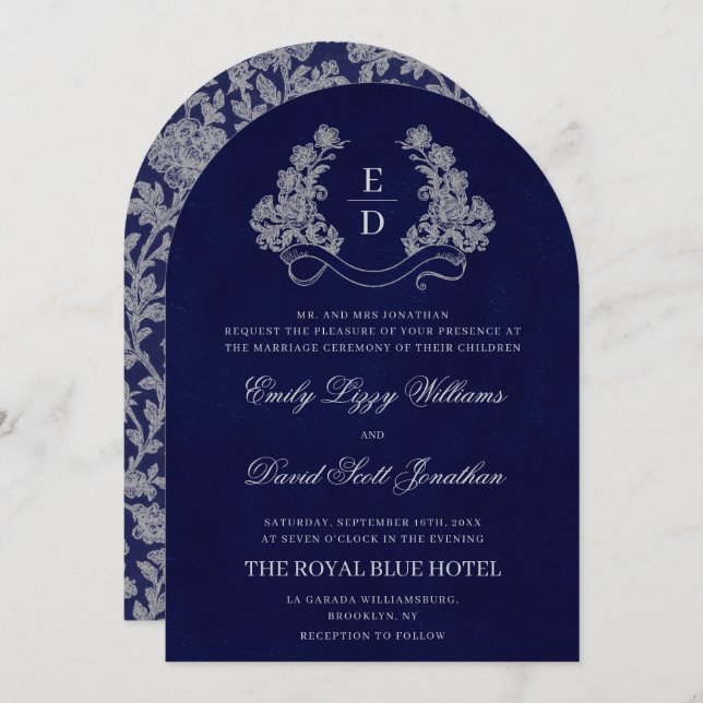 Floral Crest Monogram Navy Heritage Wedding Einladung (Vorne/Hinten)