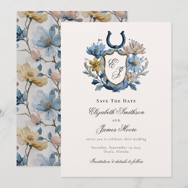 Floral Crest Reitpferd Hufeisen Monogramm Save The Date (Vorne/Hinten)