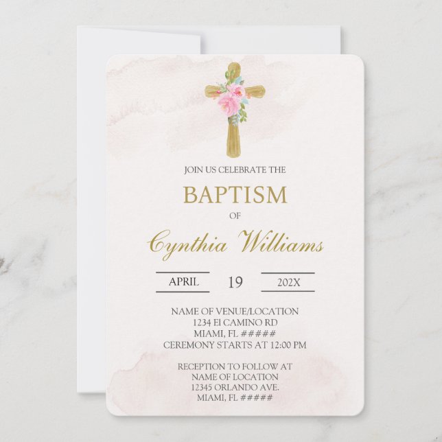Floral cross beige baptism einladung (Vorderseite)