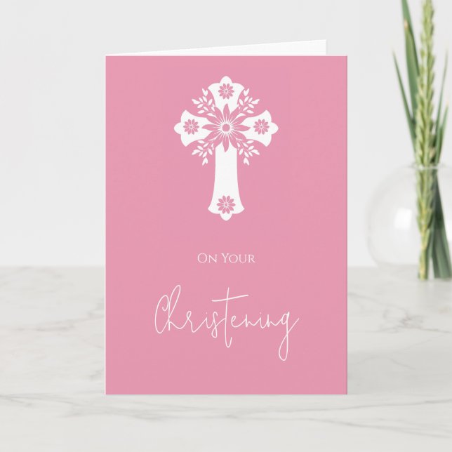 Floral Cross Card Christening Rose Pink Karte (Vorderseite)