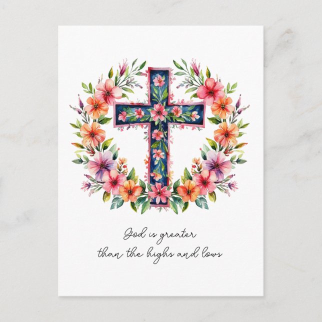 Floral Cross Card - Gott ist größer als die Höhen Postkarte (Vorderseite)