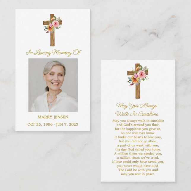 Floral Cross Memorial Photo Funeral Prayer Card Visitenkarte (Vorne/Hinten)