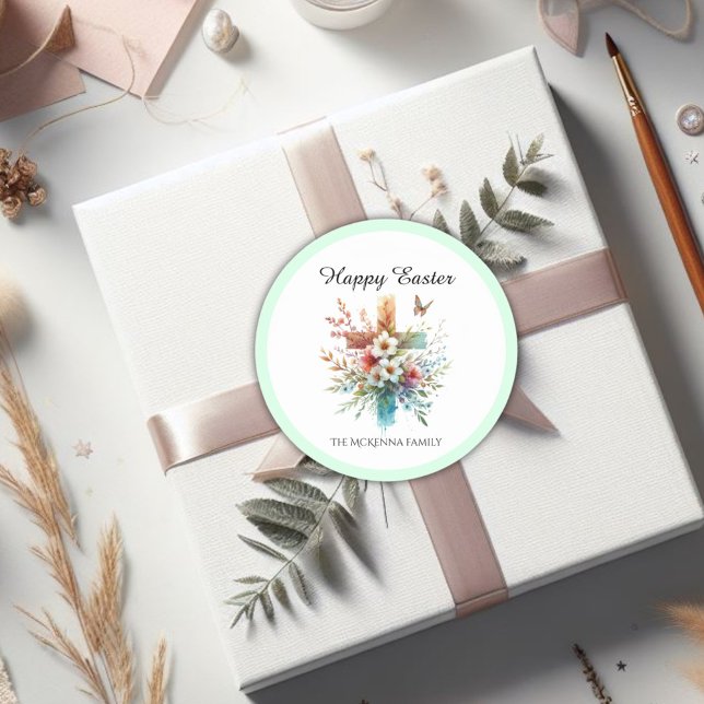 Floral Cross Pastel Wasserfarbe Religiöse Ostern Runder Aufkleber (Von Creator hochgeladen)