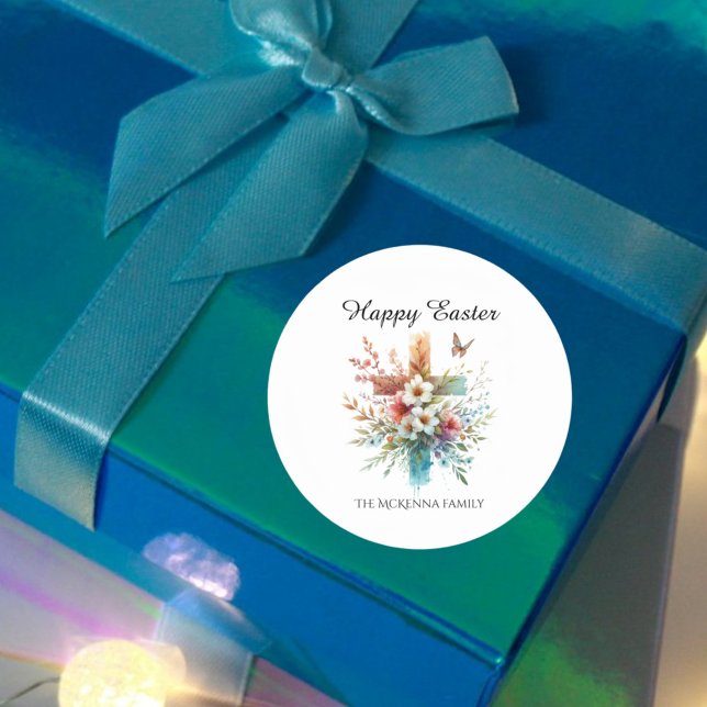 Floral Cross Pastel Wasserfarbe Religiöse Ostern Runder Aufkleber (Von Creator hochgeladen)