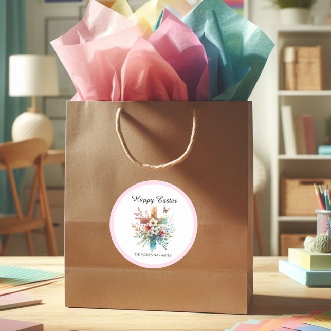 Floral Cross Pastel Wasserfarbe Religiöse Ostern Runder Aufkleber (Von Creator hochgeladen)