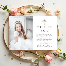 Floral Cross Photo Girl First Communion Dankeskarte