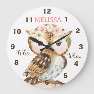 Floral Crown Owl Nursery  Wall Clock Große Wanduhr