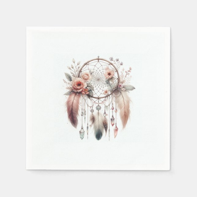 Floral Crystal Feather Dreamcatcher Boho Sweet 16 Serviette (Vorderseite)