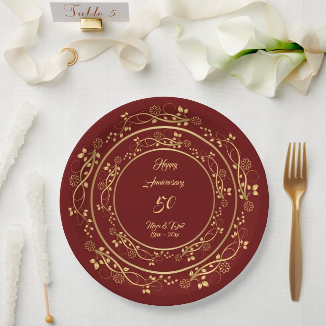 Floral Customize Happy Gold 50 Jahre alt Pappteller (Hochzeit)