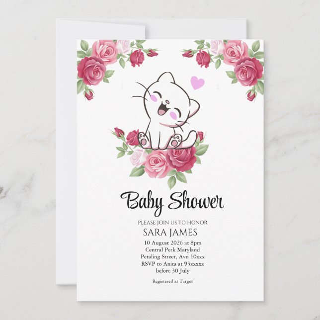 Floral Cute Cat Baby Shower Invitation Einladung (Vorderseite)