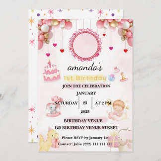 Floral  – Cute Pastel Baby 1st Birthday Party Einladung