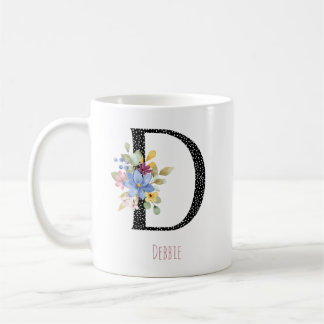 Floral D Monogram Name Black Polka Dot Coffee Mug Kaffeetasse