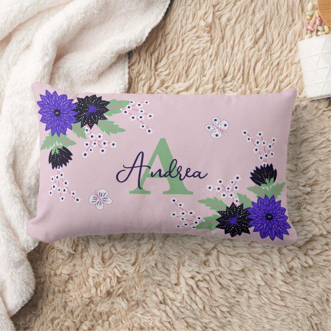 Floral Dahlia Bloom Bouquet Custom Monogram Name Lendenkissen (Decke)