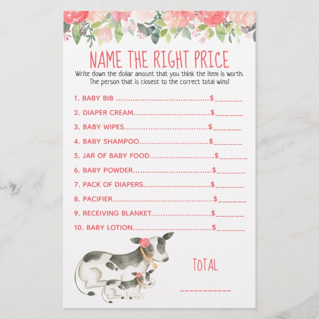 Floral Dairy Cow Farm Name the Price Shower Game (Vorderseite)