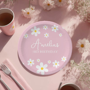 Floral Daisy Birthday Pink Paper Plate Pappteller