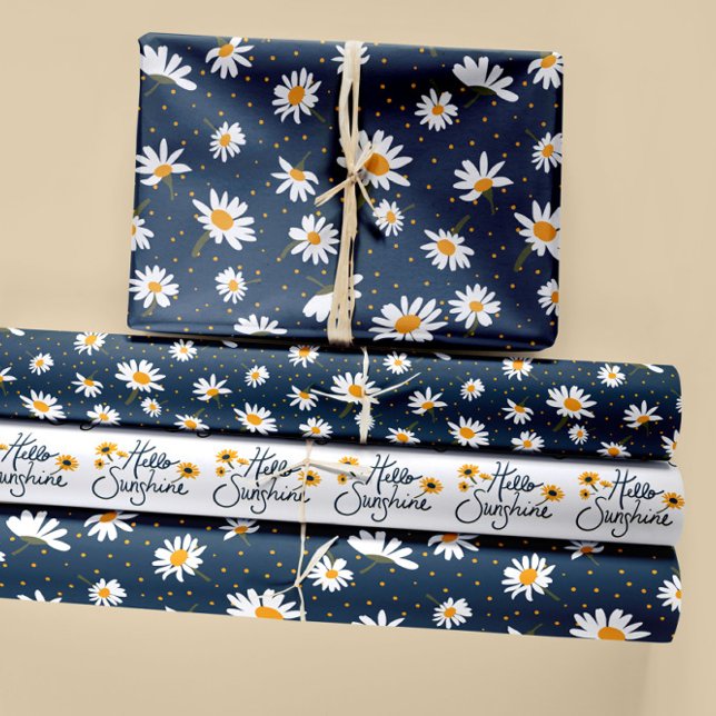 Floral Daisy Patterns Trio Dekoupage Geschenk Geschenkpapier Set (Classic daisy blue yellow with Hello Sunshine wrapping paper sheets. Jenn Steffen-Studio Posies. )